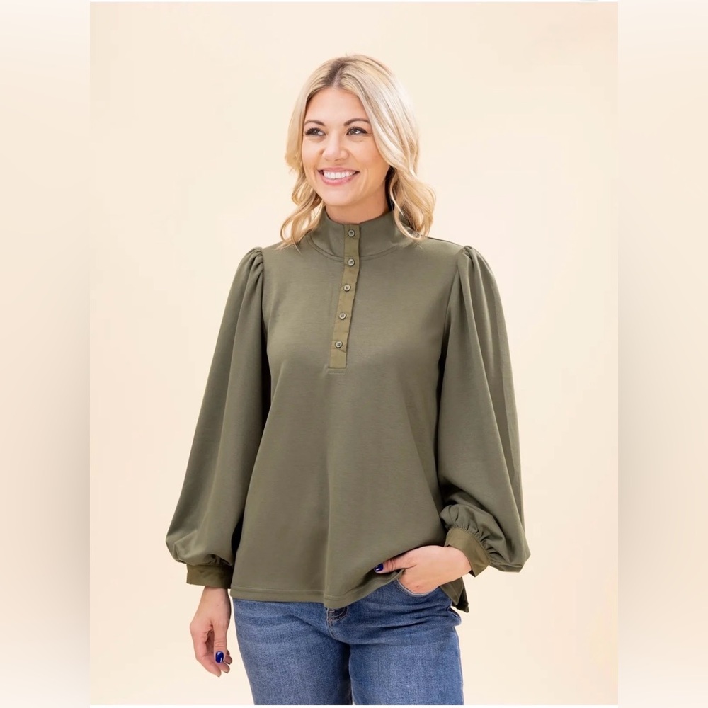 Jodiful Puff Sleeve 1/4 Button Down Top in Olive